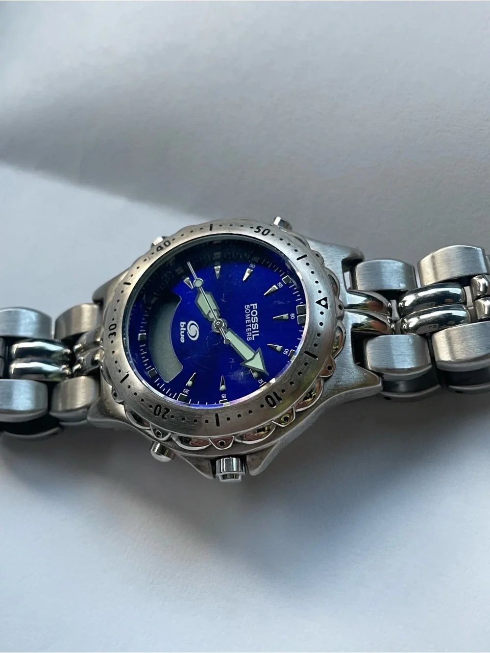 Vintage Fossil Blue Stainless Steel Watch Blue Dial Men’s Quartz Wristwatch